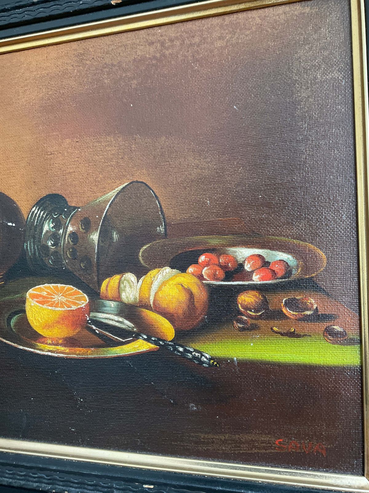 Vintage Still Life Oil Painting On Canvas – Fruit & Jug Composition – Black Wooden Frame – 46cm X 37cm photo Art
