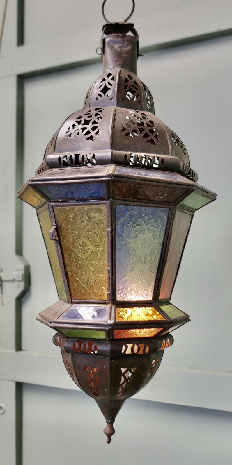 North African Stained Glass Hanging Lantern Lamp Shade photo for sale