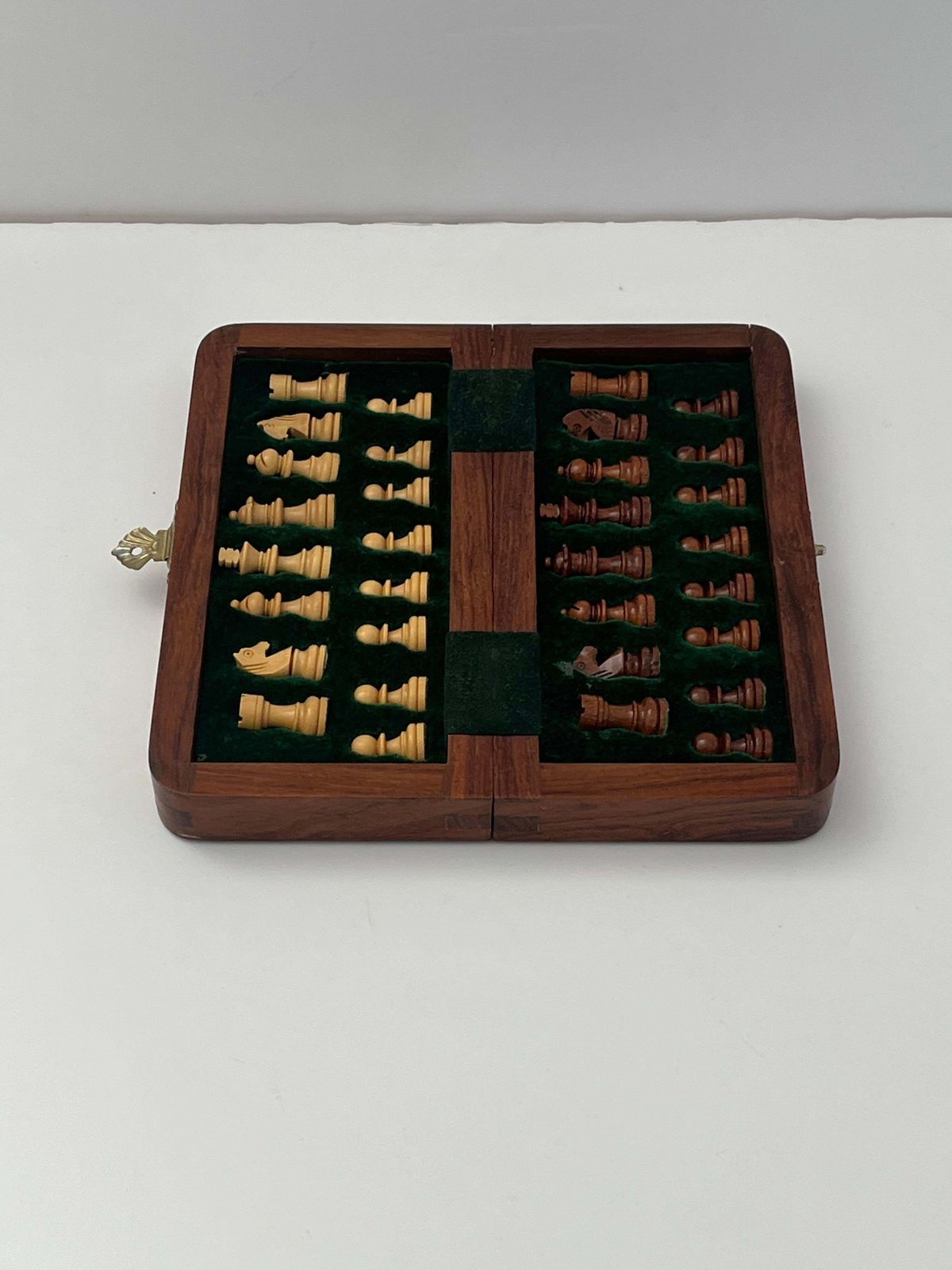 1950s Handmade Miniature Chess Set With Walnut Inlaid Box With Magnetic Pieces photo for sale