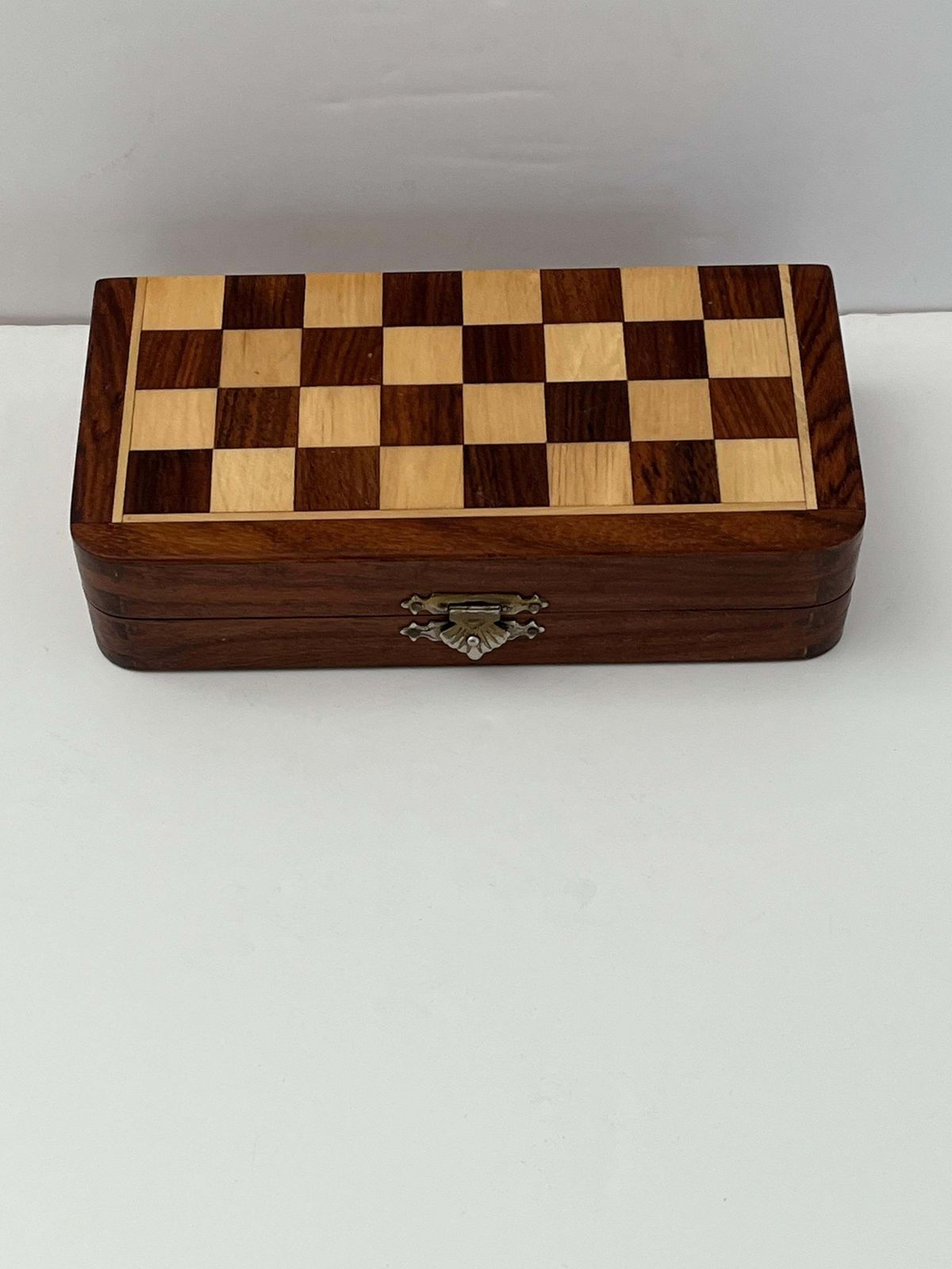 photo furniture 1950s Handmade Miniature Chess Set With Walnut Inlaid Box With Magnetic Pieces