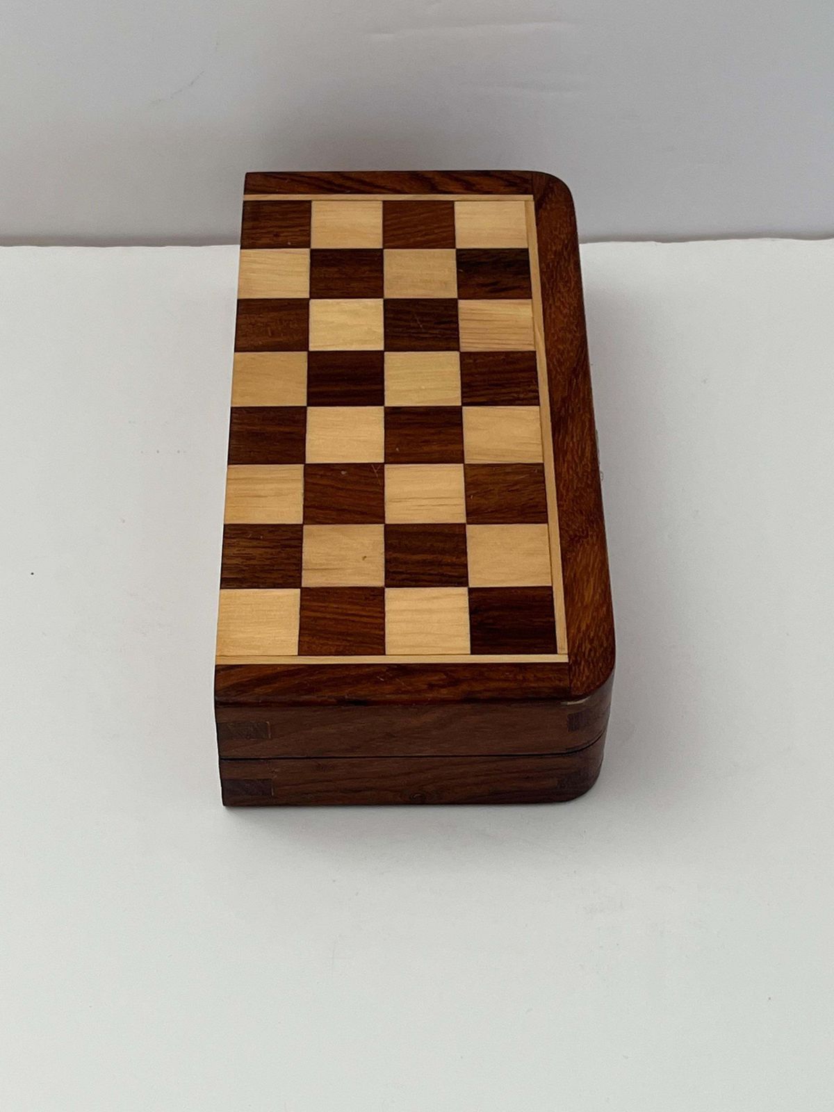 Home Decor 1950s Handmade Miniature Chess Set With Walnut Inlaid Box With Magnetic Pieces photo