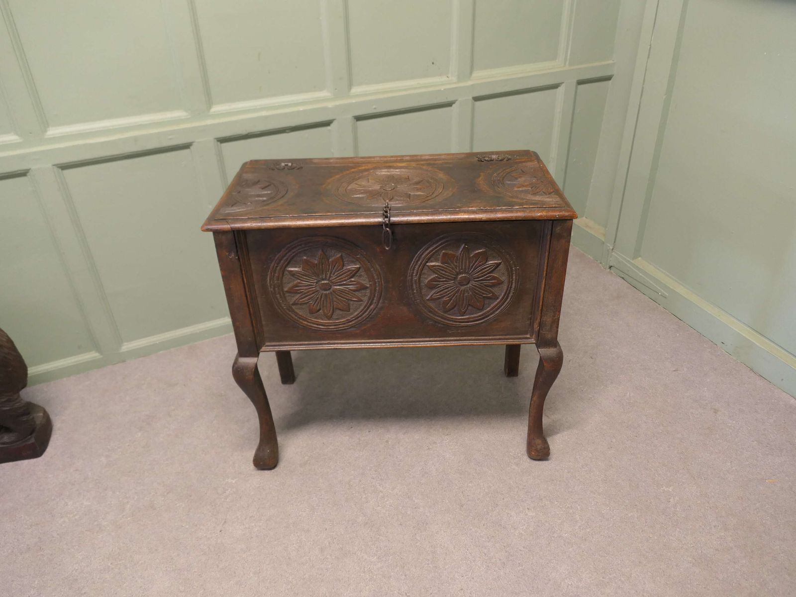An Unusual 17th Century Carved Oak Coffer On Legs photo for sale