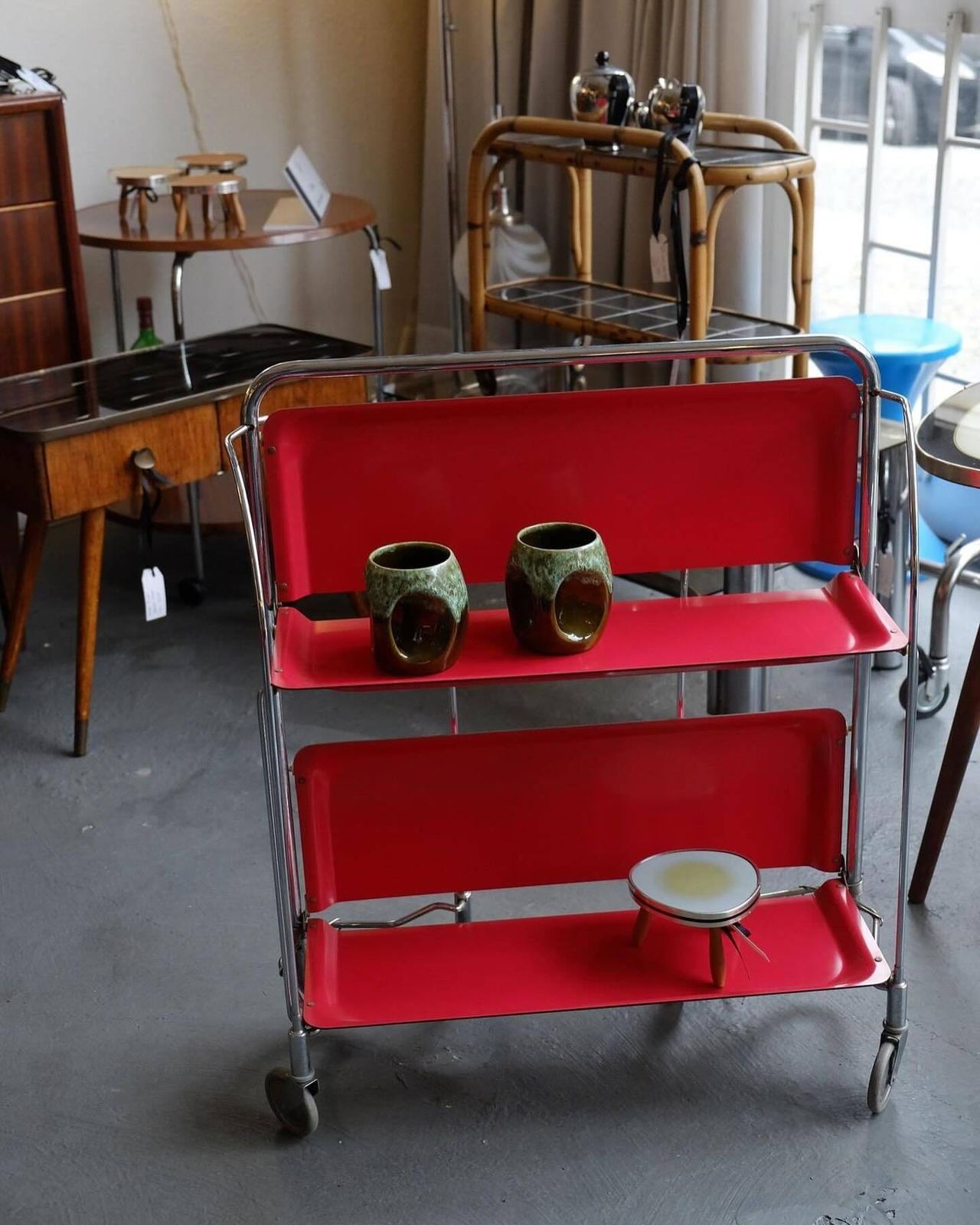 Mid Century Modern Folding Serving Trolley Dinett Foldable Chromed Metal Trolley, Vintage Bar Cart, Made In Germany, Retro Bar photo furniture