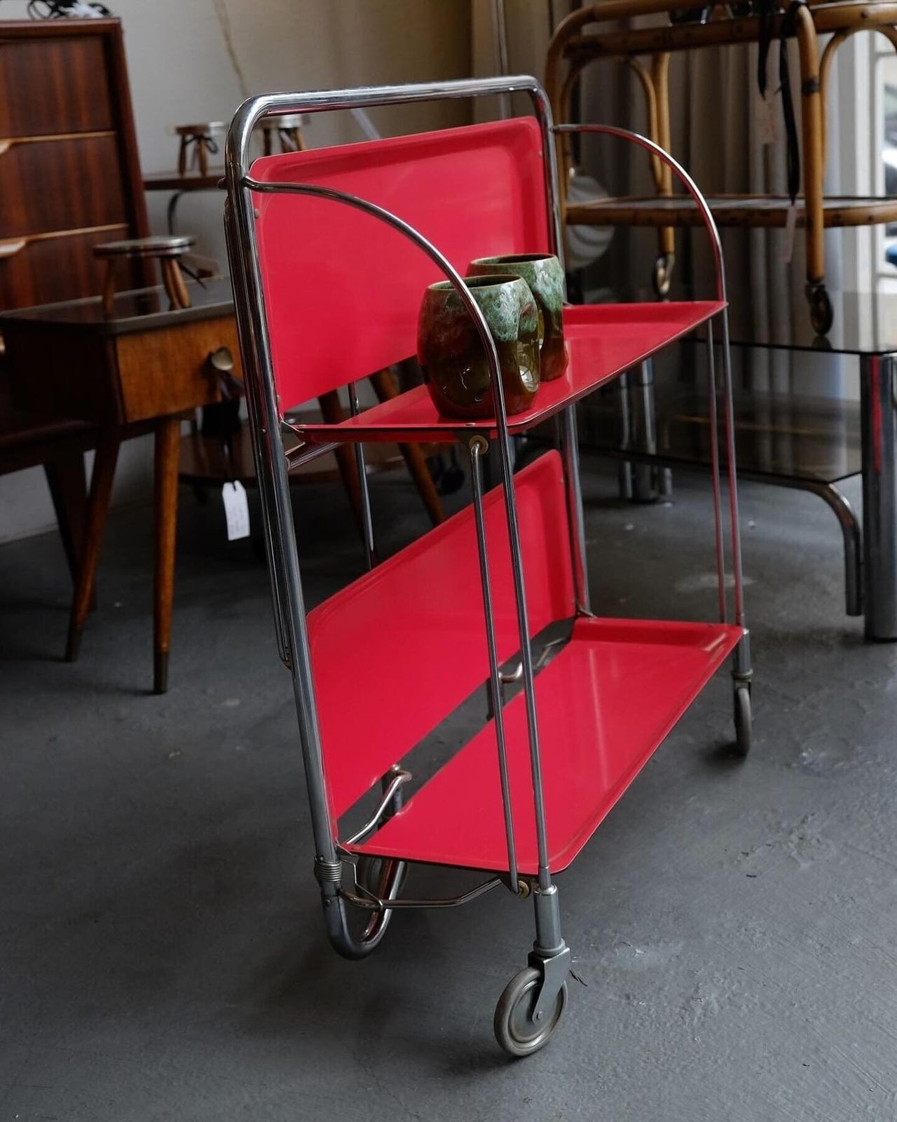 Mid Century Modern Folding Serving Trolley Dinett Foldable Chromed Metal Trolley, Vintage Bar Cart, Made In Germany, Retro Bar photo Furniture