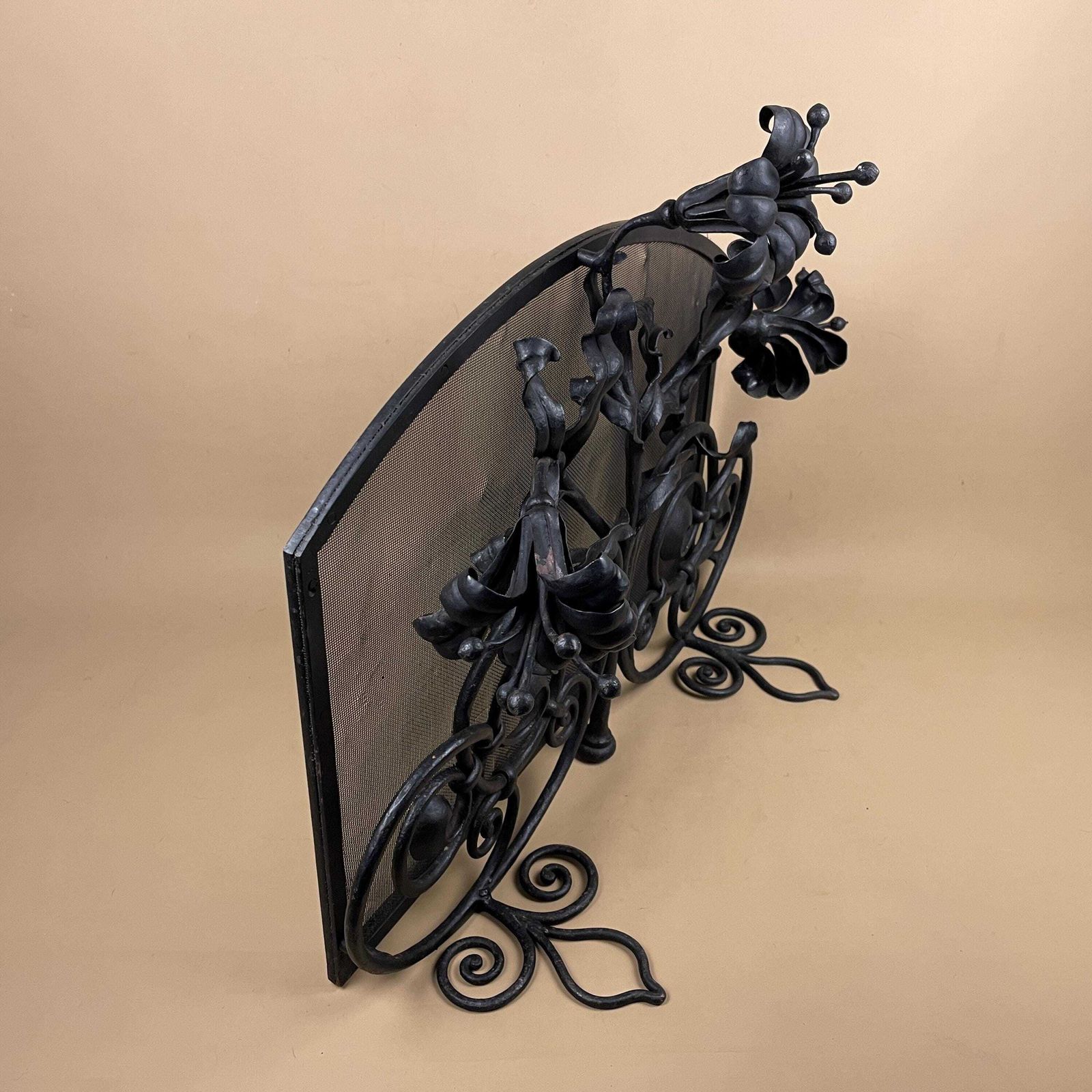Art Deco French Fireguard Fireplace Screen Metal Cast Iron Black Fer Forge Fire Guard Floral Freestanding Patterned Rectangle Mesh Wrought photo vintage