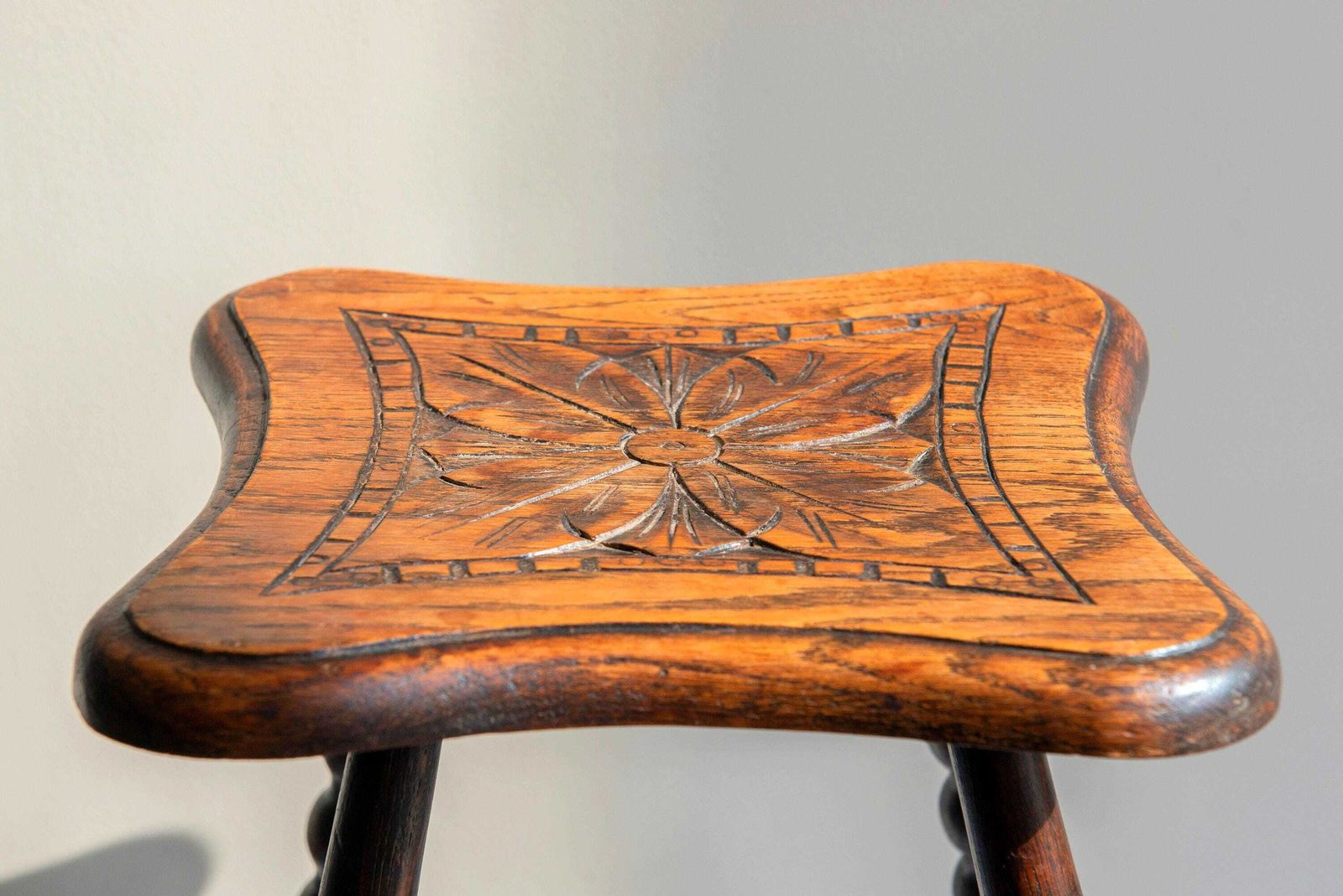 Antique Oak Bobbin Leg Stool   19th Century Hand Carved Seat   Victorian Turned Legs Plant Stand photo furniture