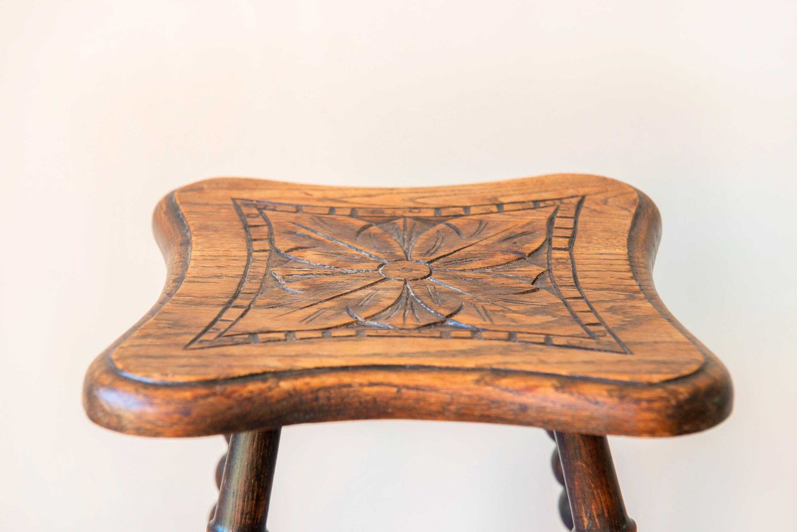 photo for sale Antique Oak Bobbin Leg Stool   19th Century Hand Carved Seat   Victorian Turned Legs Plant Stand