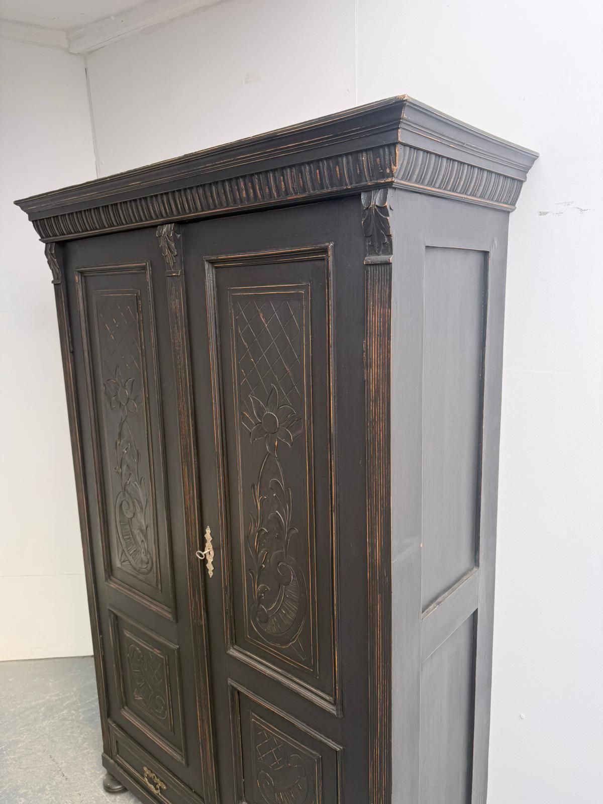 A Stylish Original Hungarian Antique Pine & Oak Painted Black Hall Wardrobe photo Furniture