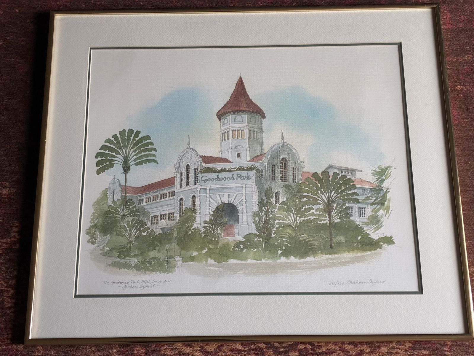 Signed Graham Byfield Architectural Lithograph, Goodwood Park Hotel Singapore photo 150.0