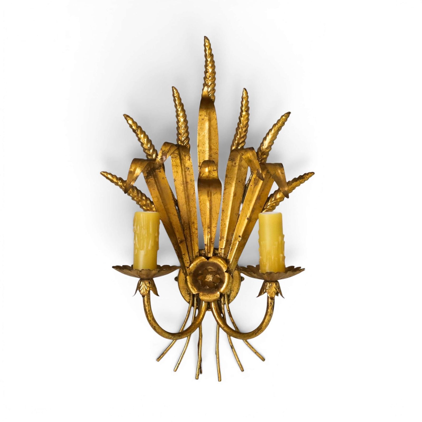 ​​​​​​​English Mid‑Century Twin‑Candled Gilt Metal Electric Wall Sconce