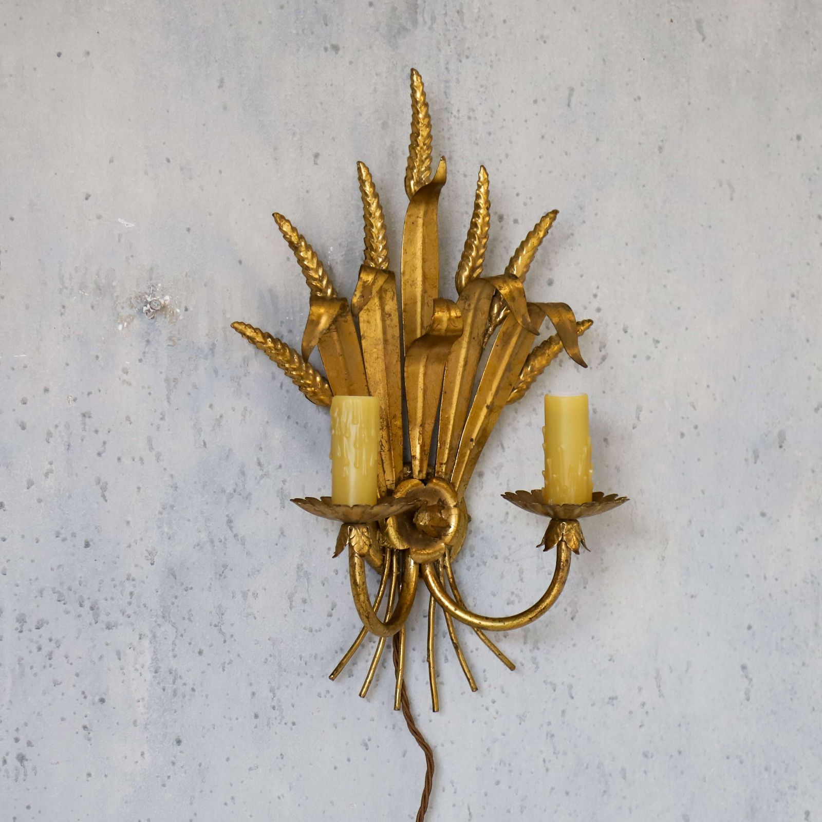 ​​​​​​​English Mid‑Century Twin‑Candled Gilt Metal Electric Wall Sconce photo for sale