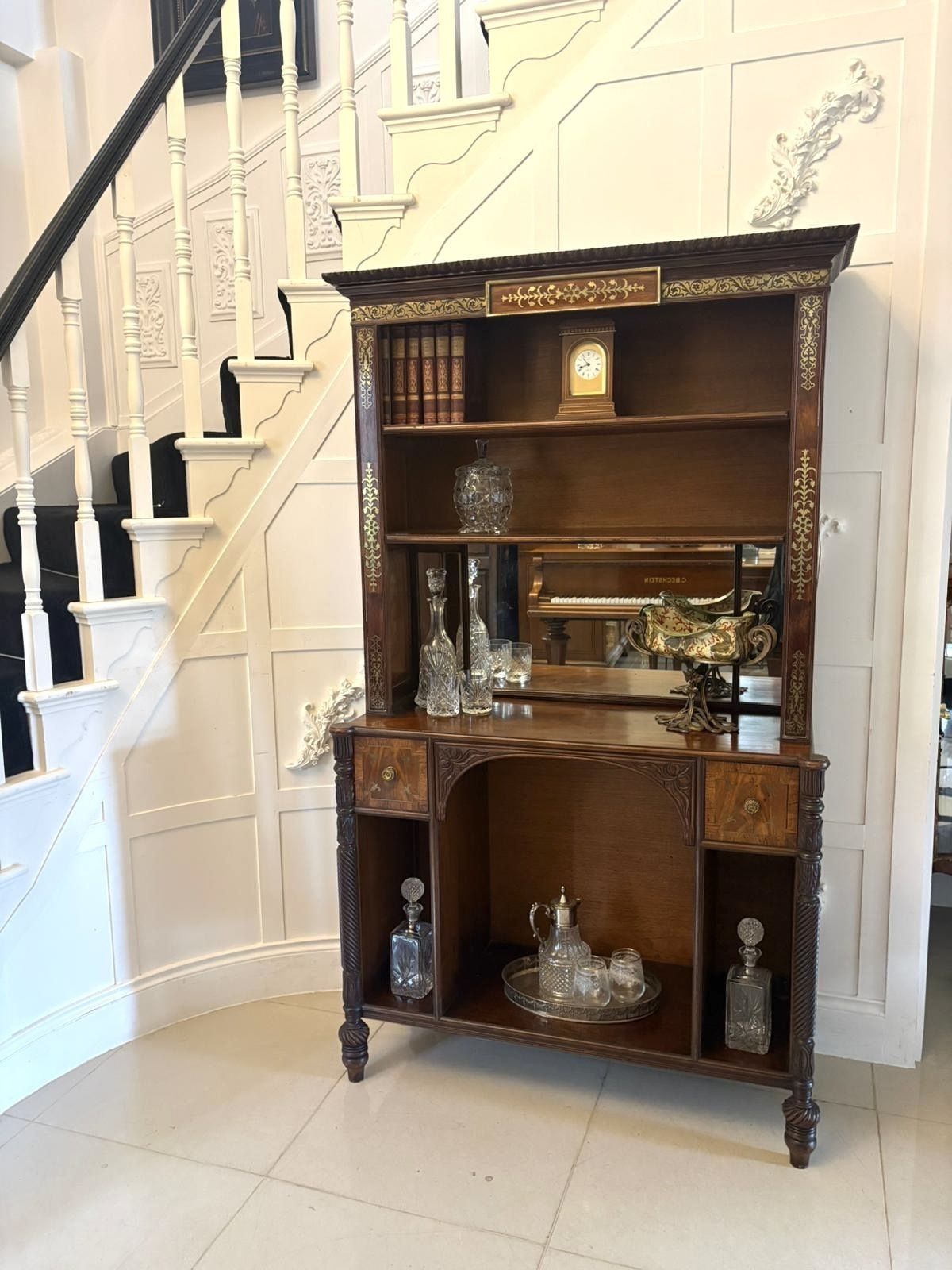 6995.0 Antique 19th Century Rosewood Brass Inlaid Open Bookcase photo