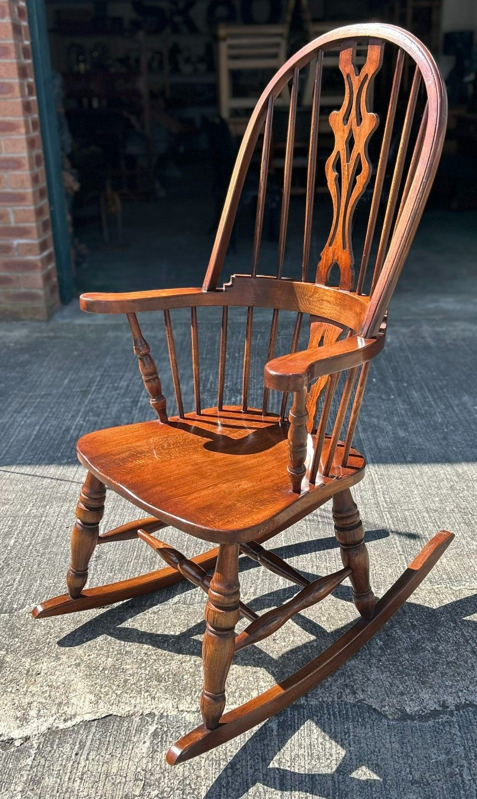 photo for sale Good Quality English Country Oak & Beech Windsor Shaped Seat Rocking Chair