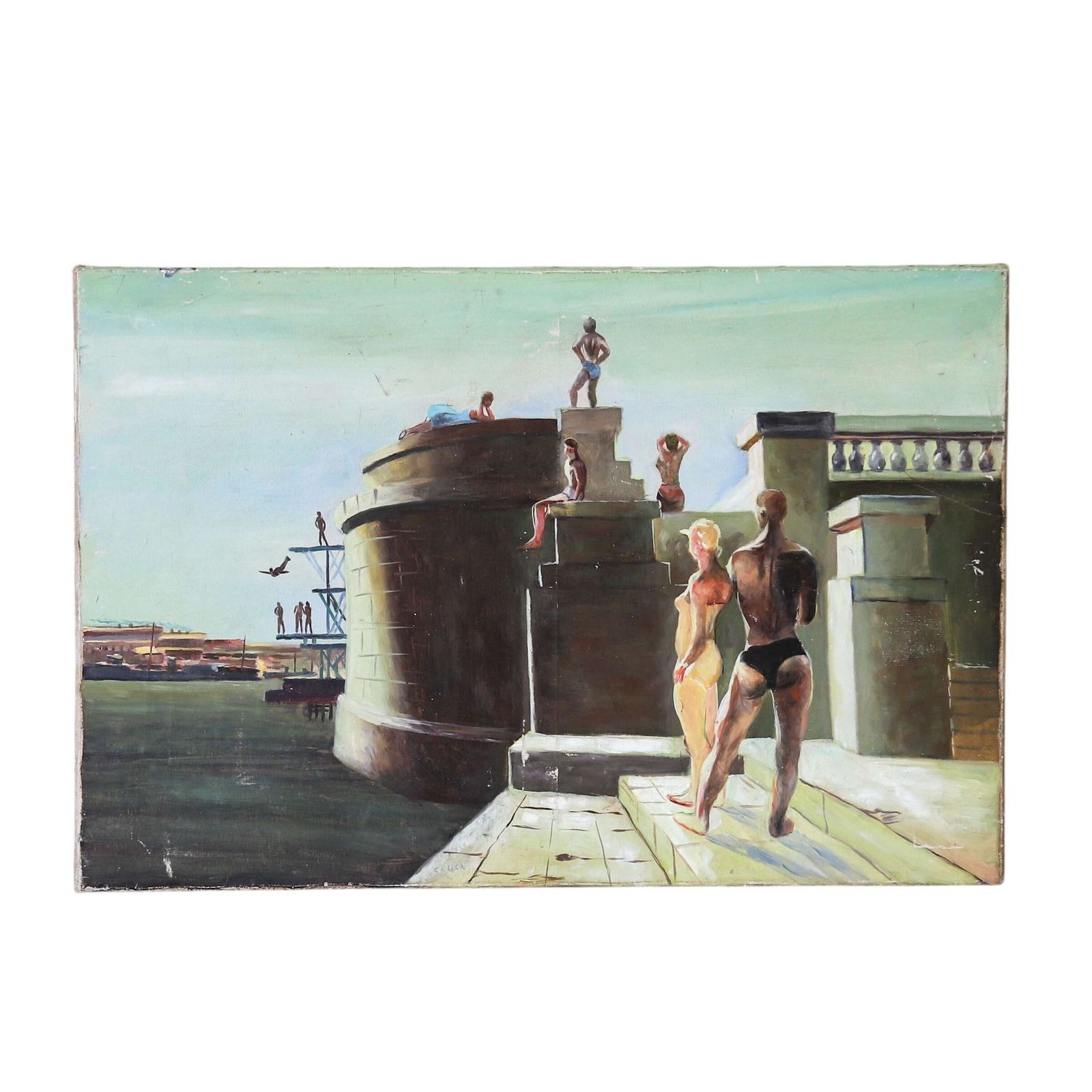 Russian Oil Painting Of Swimmers – Mid‑Century Modernist Style, After Deyneka