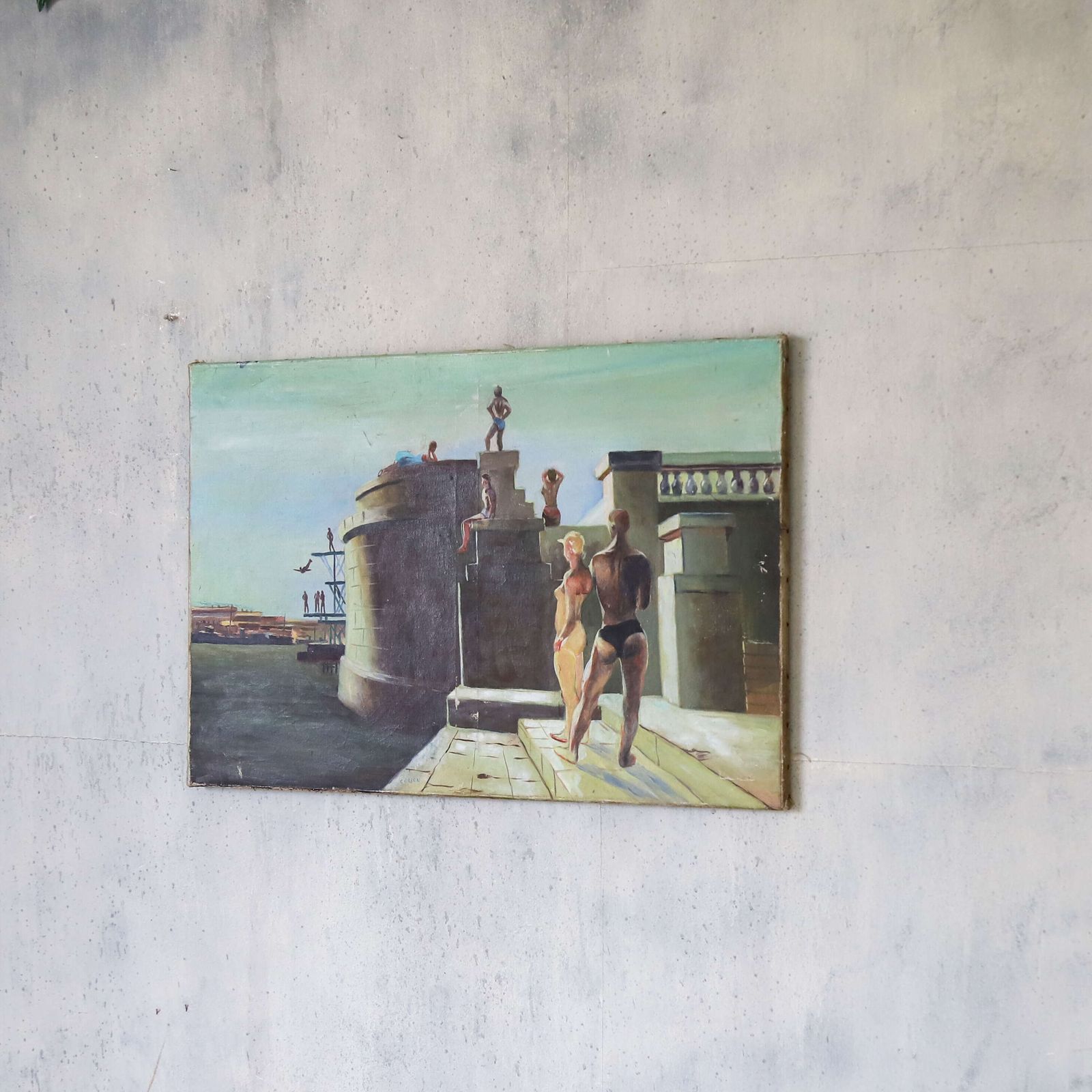 Russian Oil Painting Of Swimmers – Mid‑Century Modernist Style, After Deyneka photo for sale
