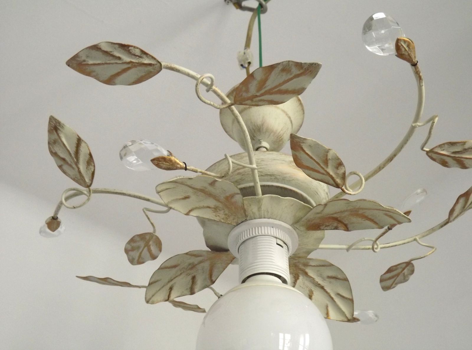 Charming Vintage Toleware Semi Flush Ceiling Light Cream And Gold Leaves Glass Crystals Beads photo vintage