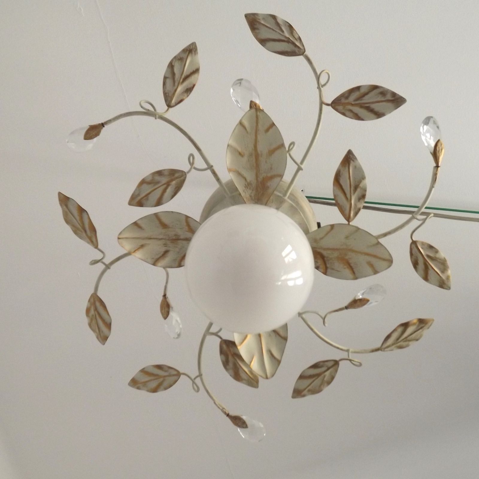 Charming Vintage Toleware Semi Flush Ceiling Light Cream And Gold Leaves Glass Crystals Beads