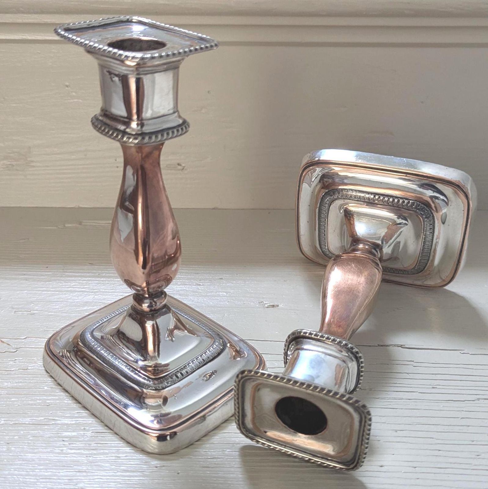 Antique Silver Plate Candlesticks, English Georgian Style Pair photo for sale