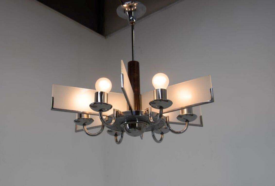 Lighting Six Arm Art Deco Chandelier In Chrome And Sandblasted Glass, 1940s photo