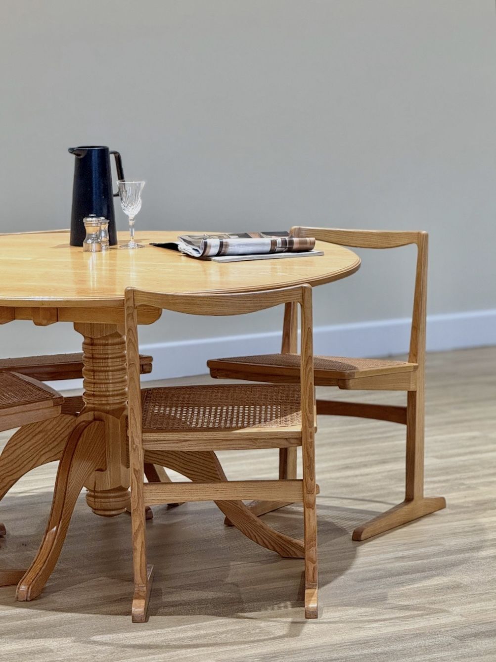 Mid Century Elm Circular Dining Table & 4 Rattan Chairs – Original 1960s Set photo furniture