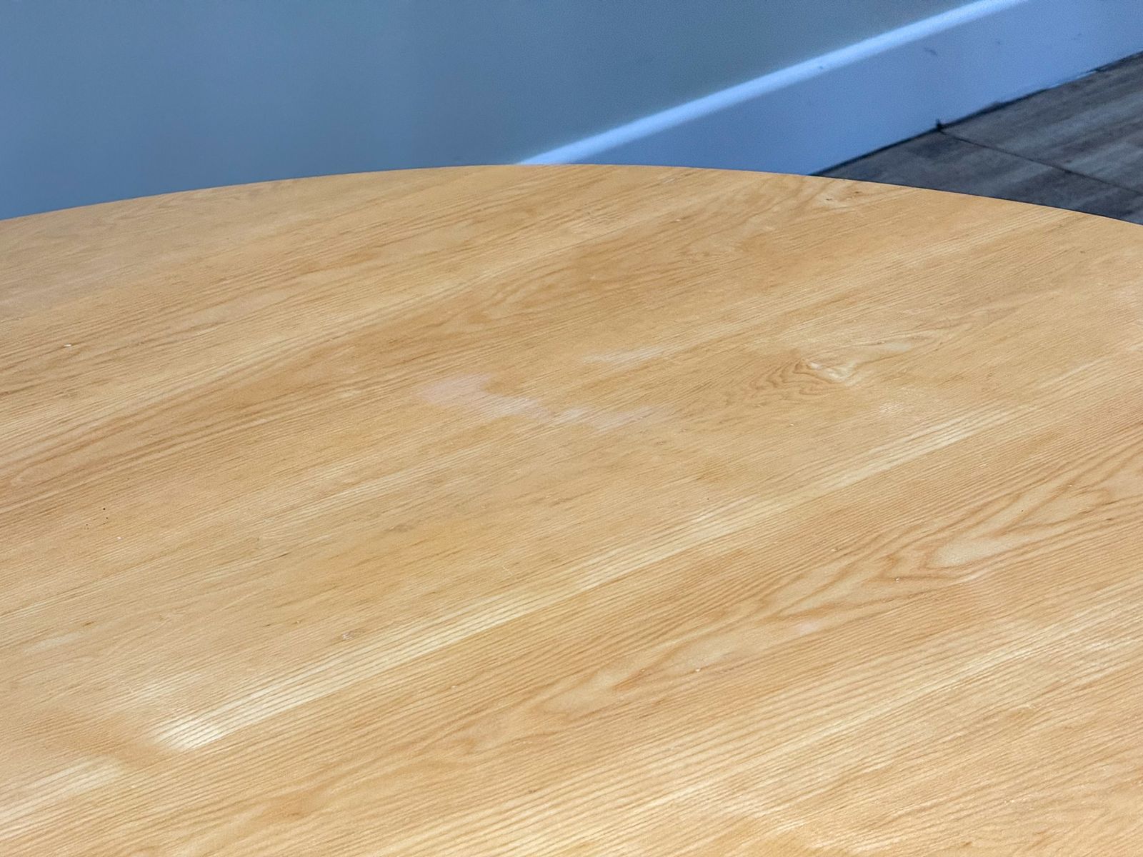 photo for sale Mid Century Elm Circular Dining Table & 4 Rattan Chairs – Original 1960s Set