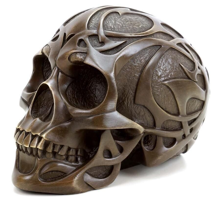 Art Deco Brown Patinated Bronze Tribal Skull Sculpture photo buy