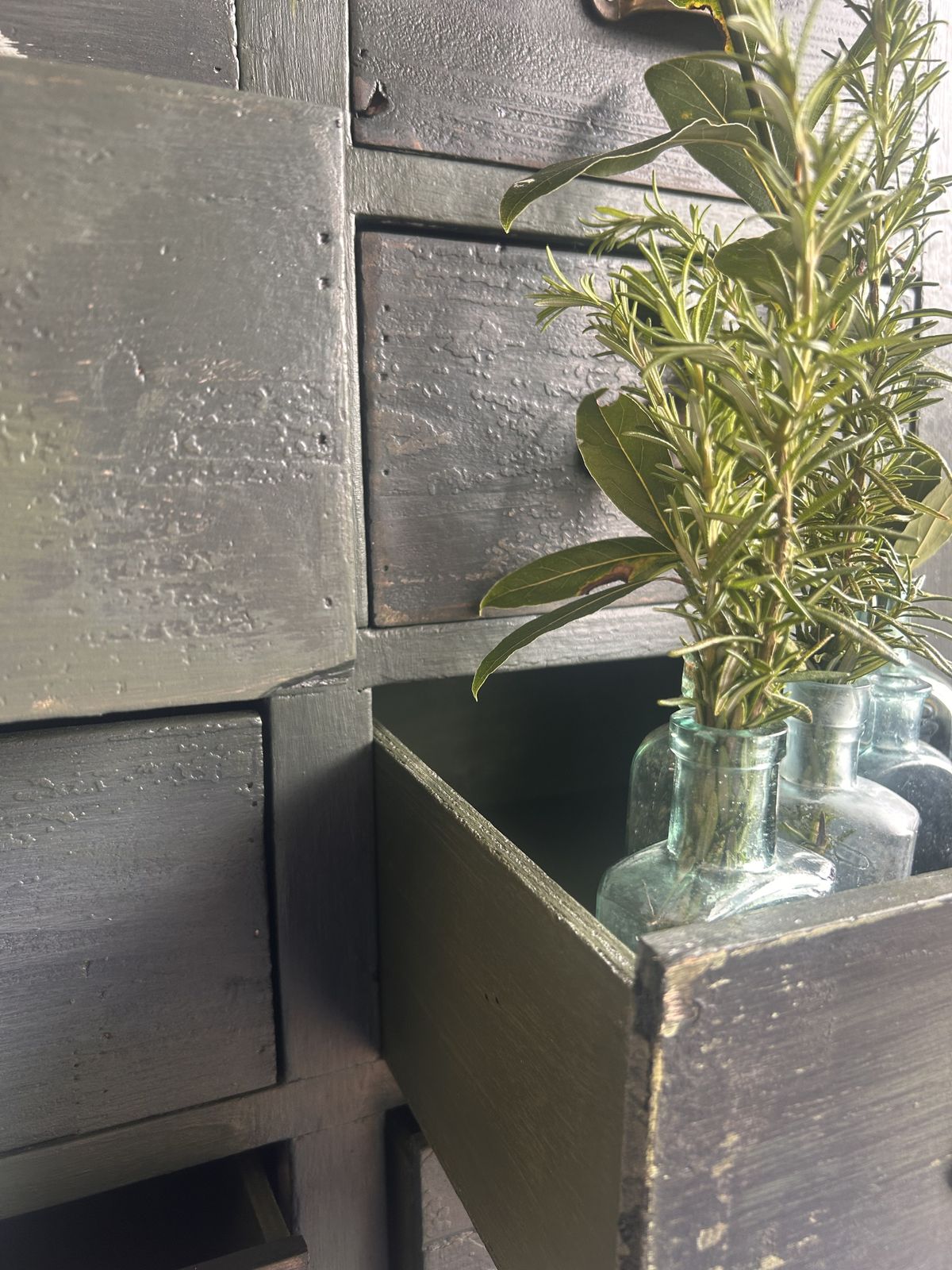 Forest Fire Cabinet | Tall Apothecary Drawers In Layered Green Finish photo vinterior