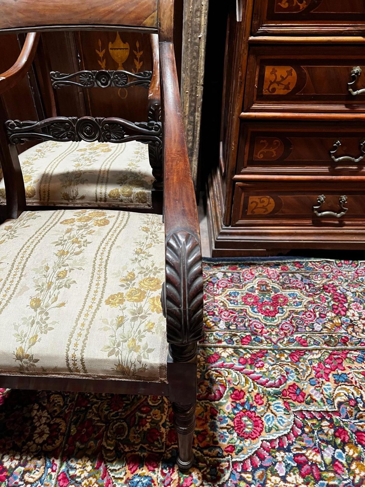 photo furniture Four Carved Walnut Armchairs With Arms, Italy