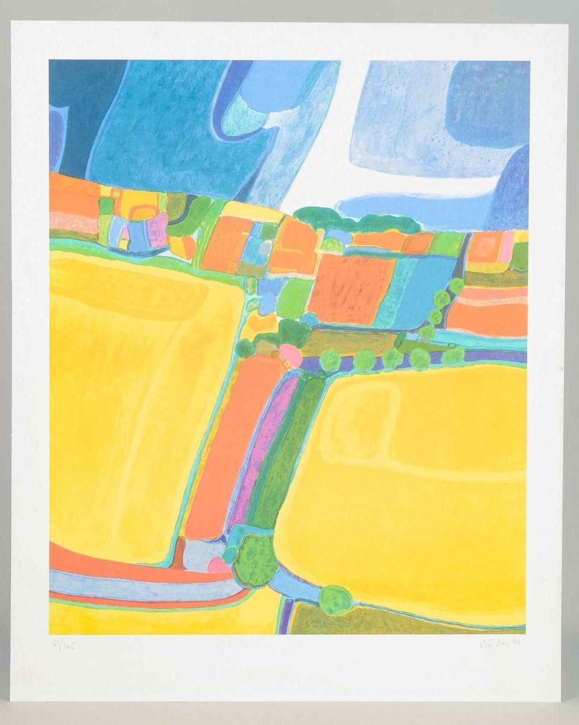 Buster Bruun, Danish Artist. Color Lithograph. Colorful Abstract Landscape, 1994 photo furniture