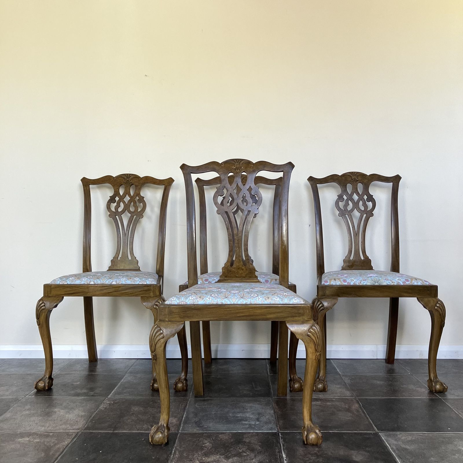 Set Of Four Chippendale Style Dining Chairs By James Phillips & Sons Bristol; Ball And Claw Feet, Duck Egg Songbird Upholstered Seats photo furniture