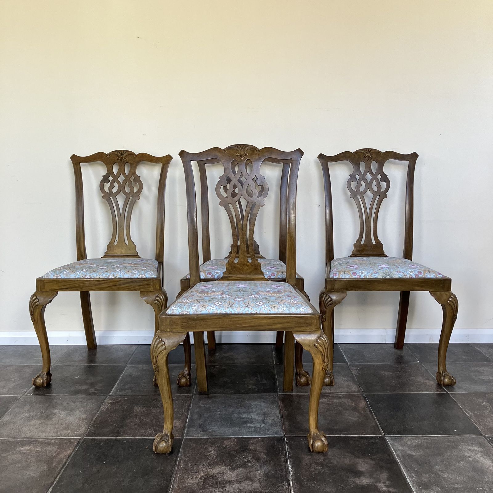 Set Of Four Chippendale Style Dining Chairs By James Phillips & Sons Bristol; Ball And Claw Feet, Duck Egg Songbird Upholstered Seats photo for sale