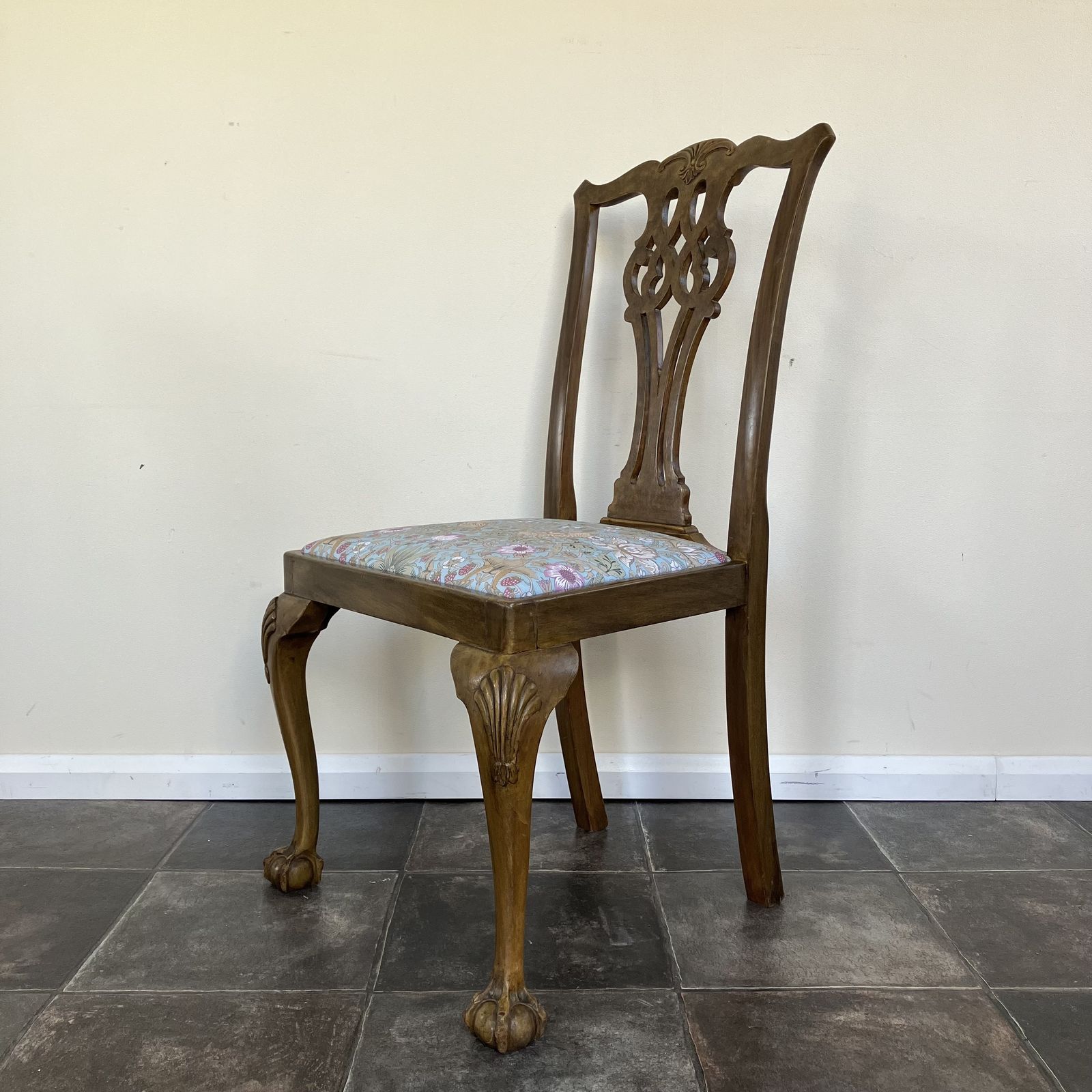 photo vintage Set Of Four Chippendale Style Dining Chairs By James Phillips & Sons Bristol; Ball And Claw Feet, Duck Egg Songbird Upholstered Seats