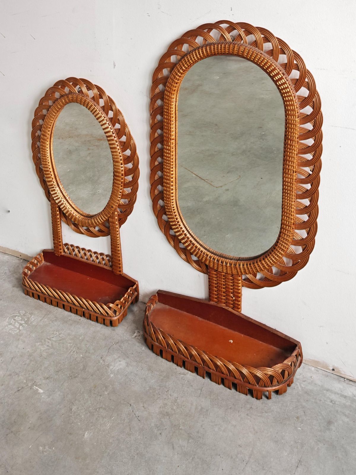 Set Of 2 Mid Century Rattan Wall Mirrors With A Shelf, Italy 1970s photo furniture
