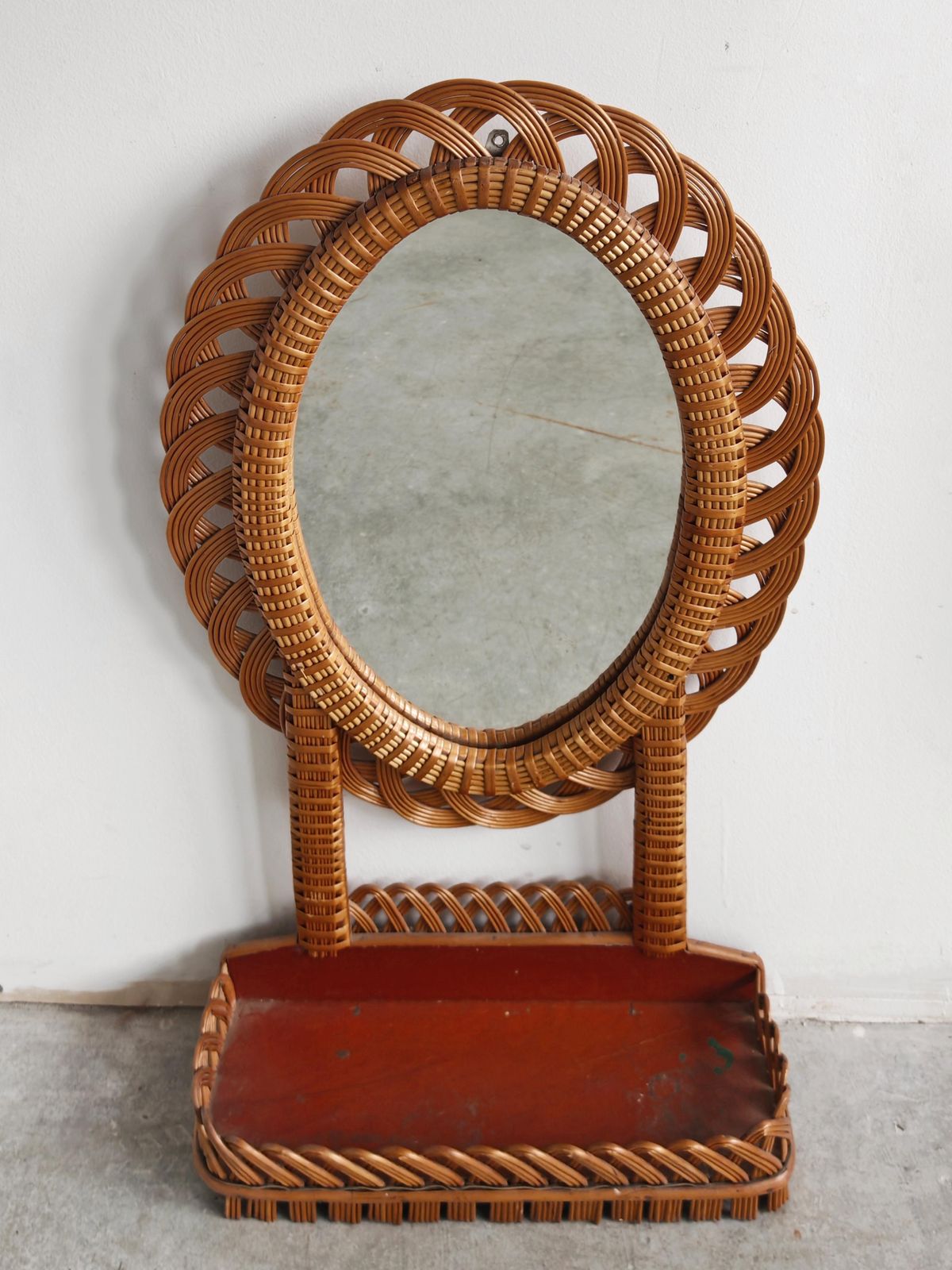 Set Of 2 Mid Century Rattan Wall Mirrors With A Shelf, Italy 1970s photo buy