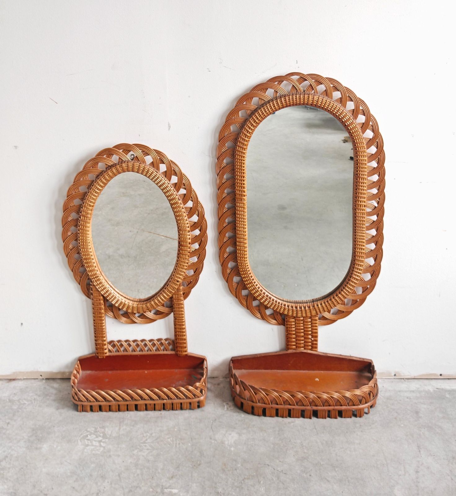 photo for sale Set Of 2 Mid Century Rattan Wall Mirrors With A Shelf, Italy 1970s