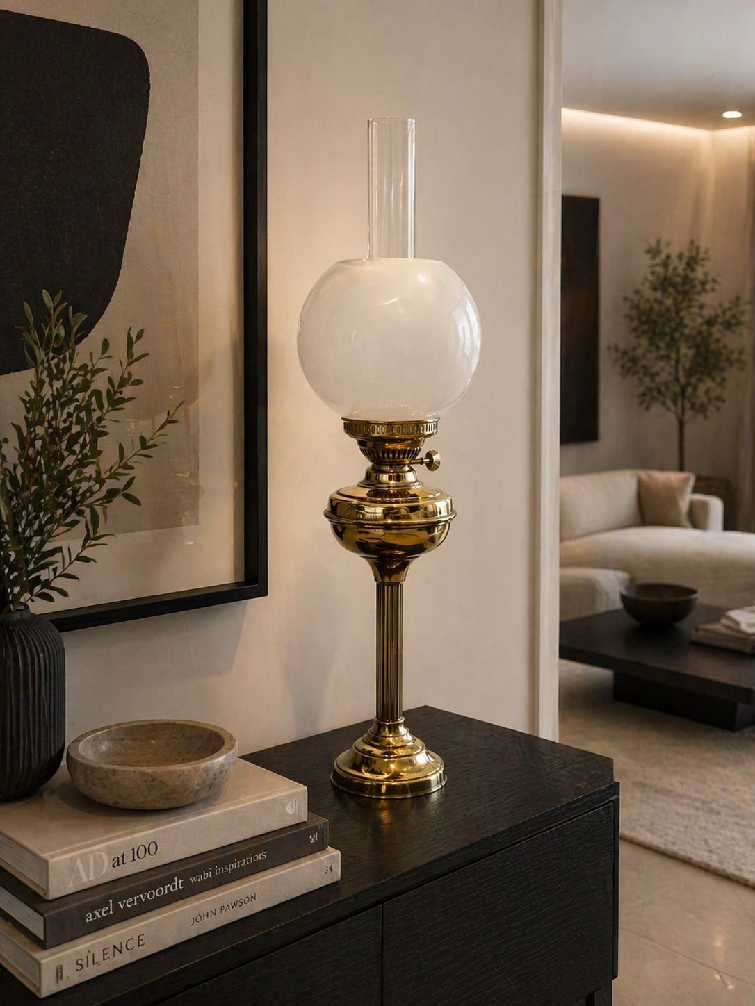 Antique Early 20th Century English Brass Oil Lamp With Opaline Shade photo furniture