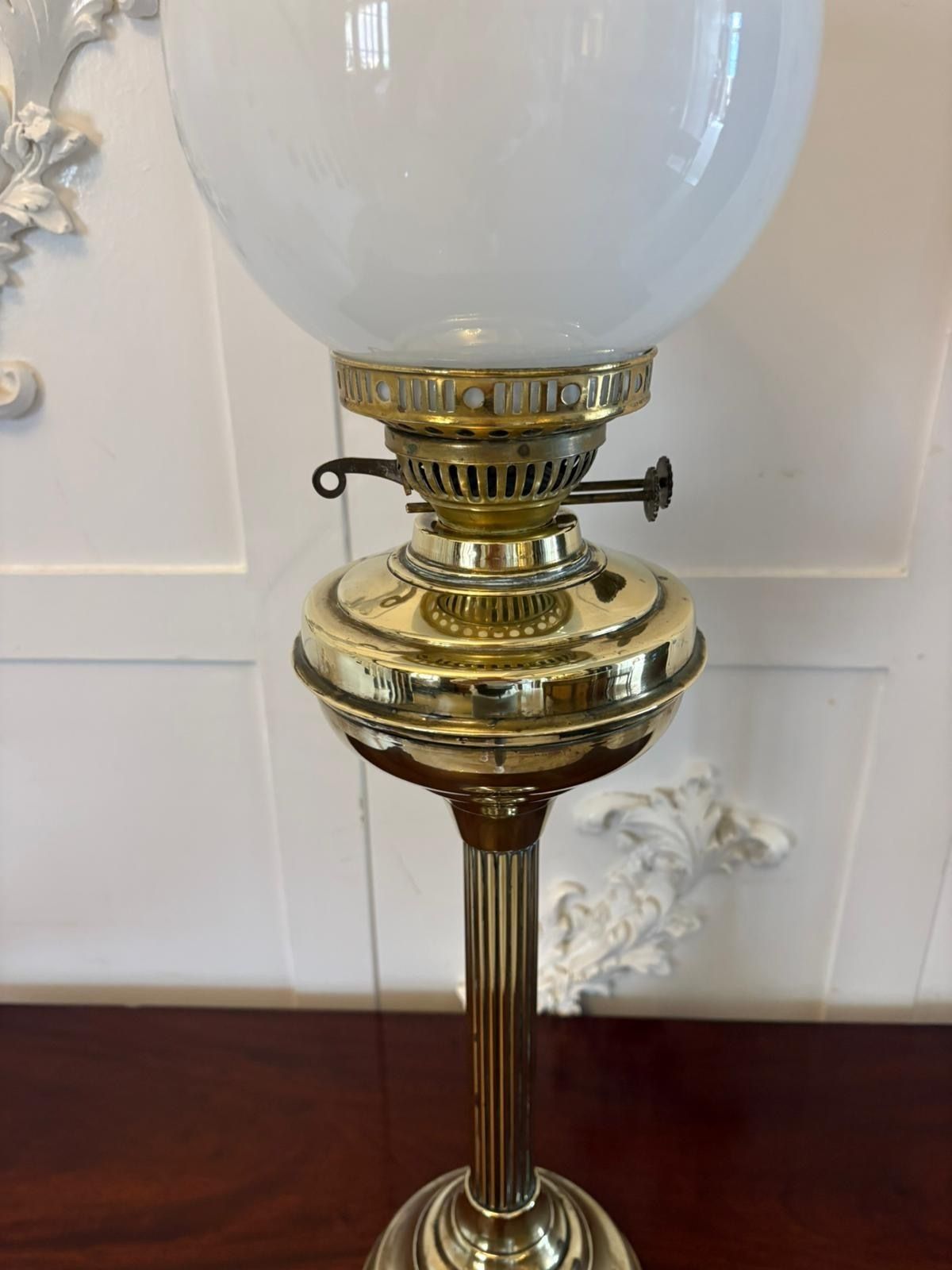 photo for sale Antique Early 20th Century English Brass Oil Lamp With Opaline Shade