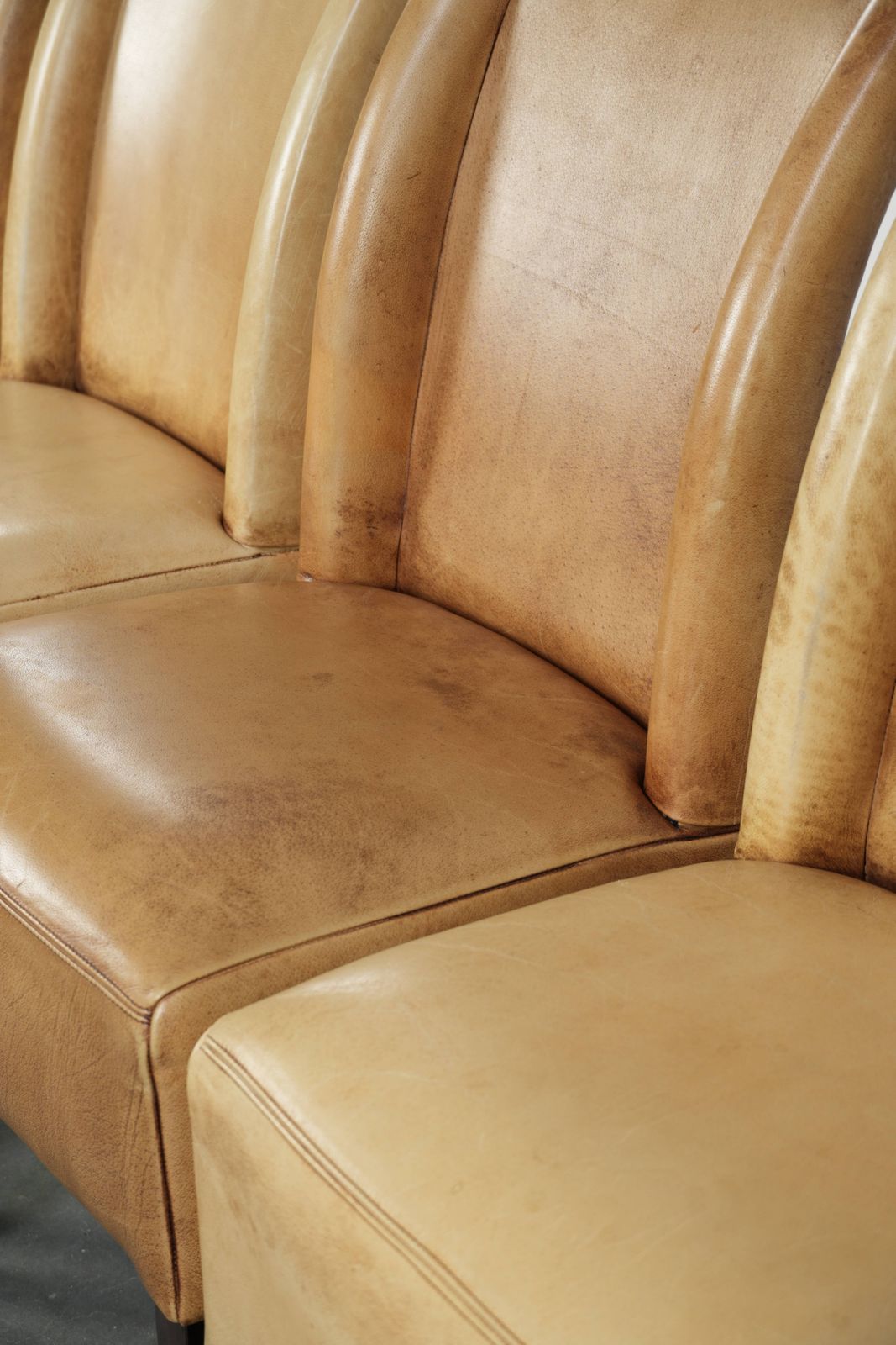 Furniture Luxury Set Of Four Cowhide Leather Dining Chairs With A Beautiful Light Color, Comfortable Seat, And A High Back photo