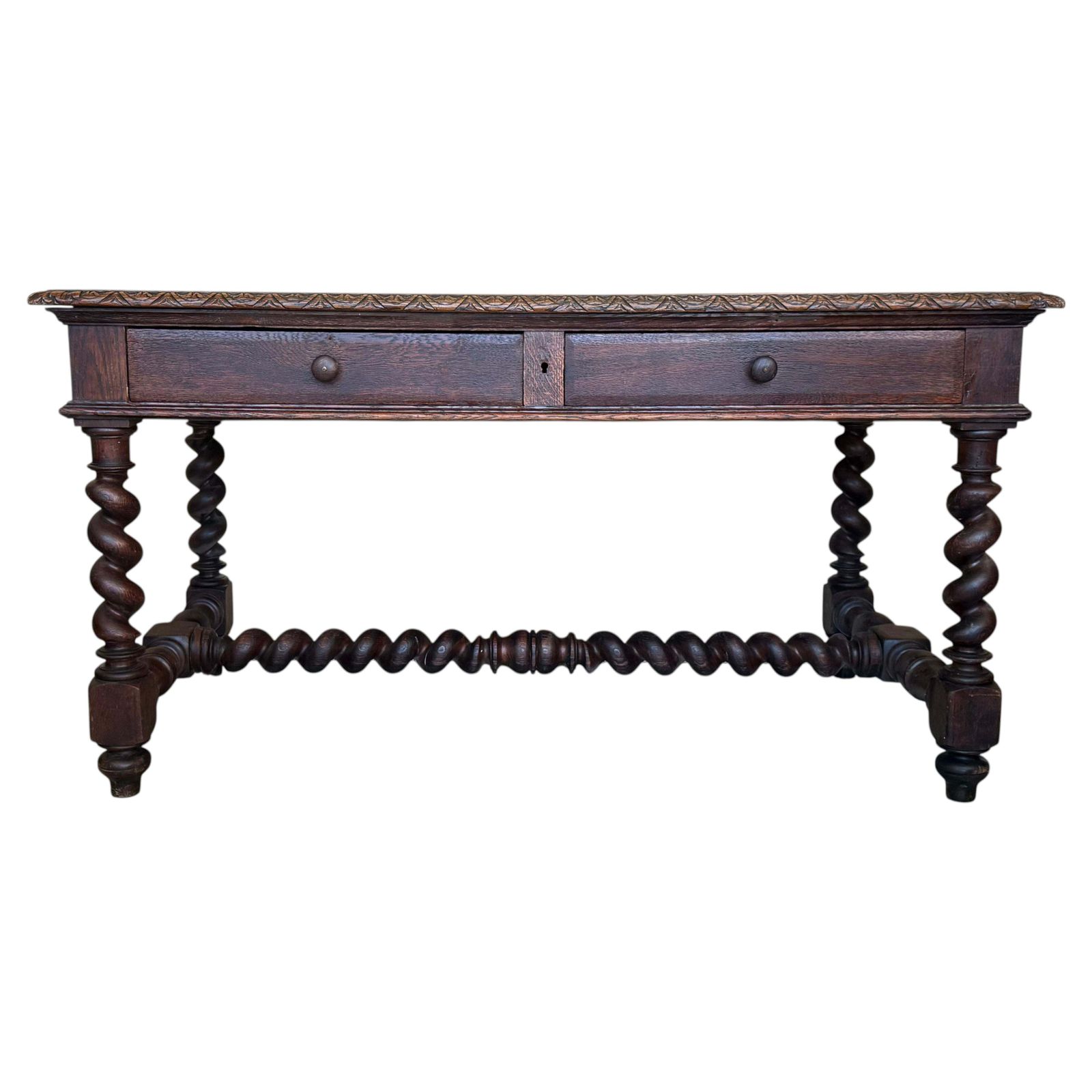 Bureau ou console espagnol en noyer, XIXe siècle, deux tiroirs, pieds salomoniques