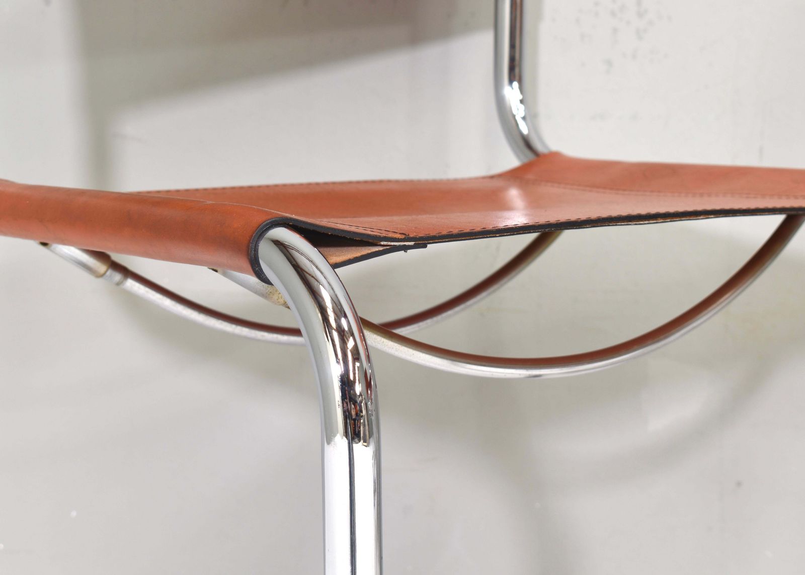 photo for sale Set Of 4 Mart Stam S33 For Fasem Dining Chairs In Cognac Saddle Leather, 1970s