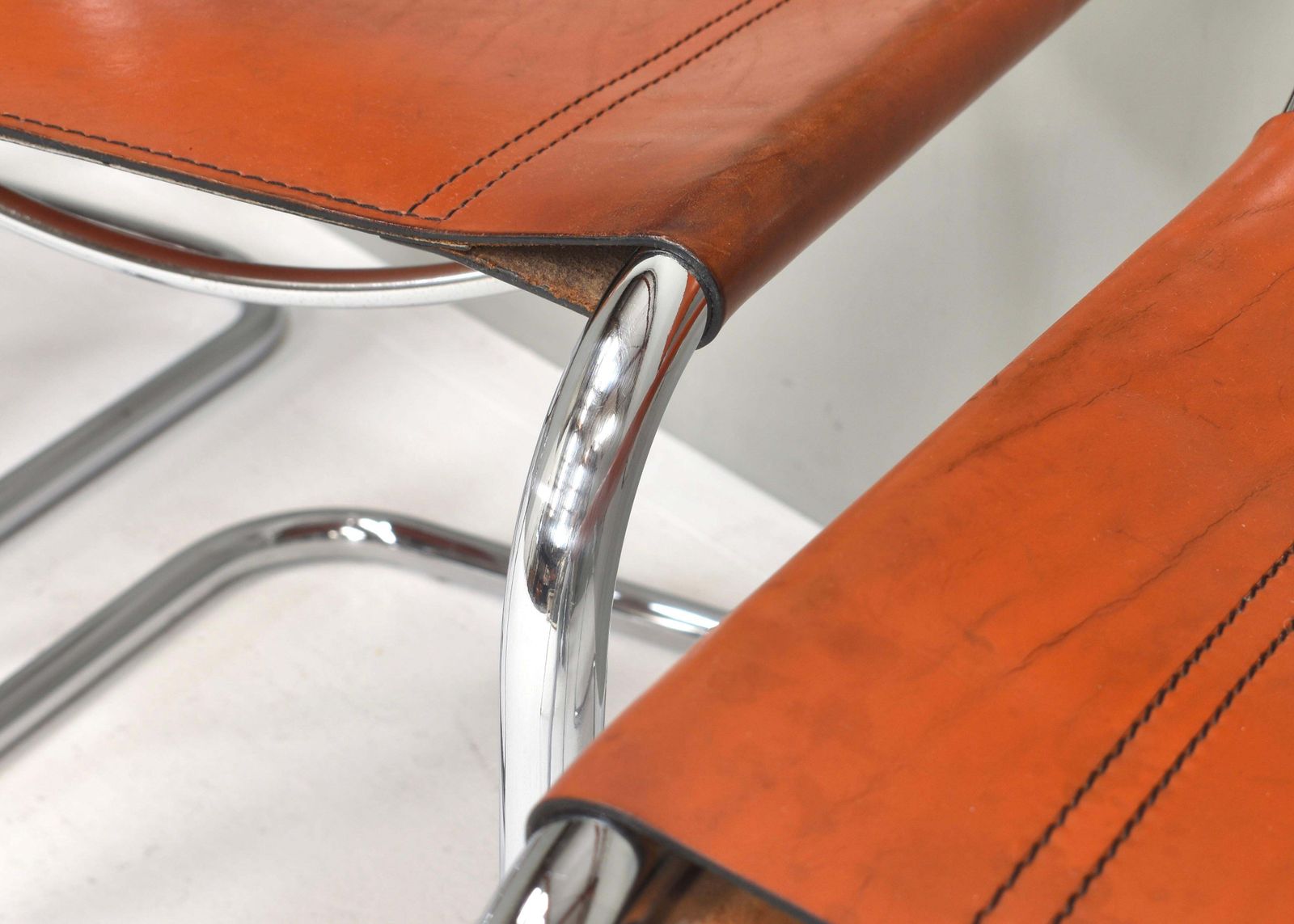 Furniture Set Of 4 Mart Stam S33 For Fasem Dining Chairs In Cognac Saddle Leather, 1970s photo