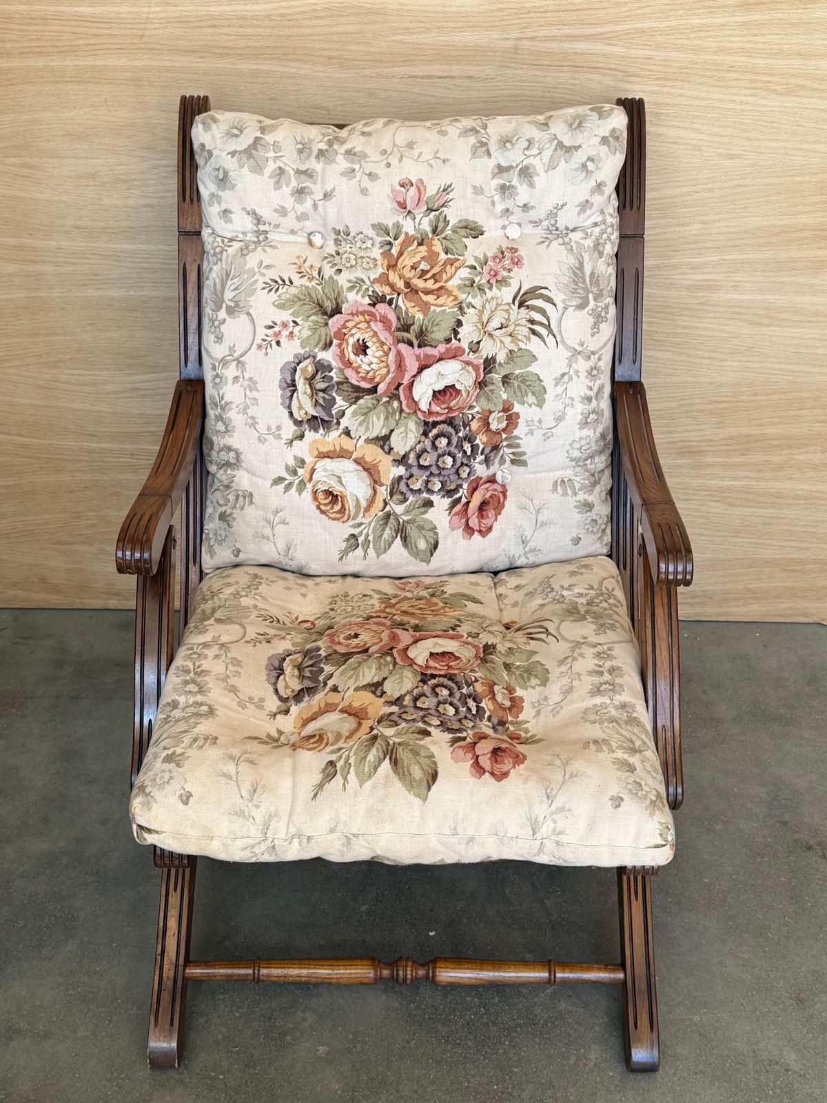 1930s French Wooden Folding Armchair With Upholstered Cushions photo for sale