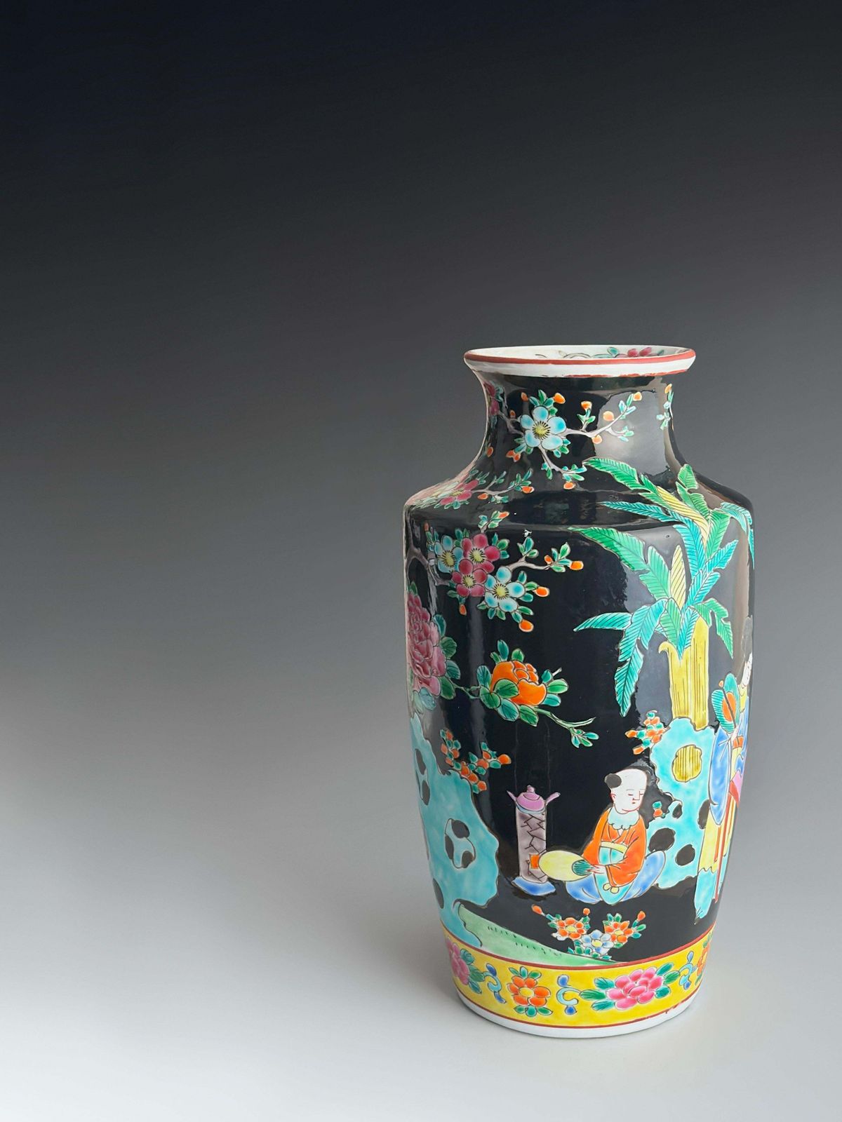 Japanese Famille Noire Porcelain Vase By Yamatoku, Arita, 30cm Tall photo vintage
