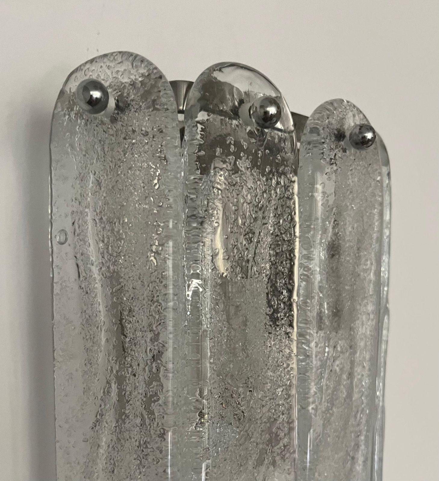 photo for sale Italian Midcentury Set Of Three Iridescent White Wall Sconces By Mazzega, 1970s