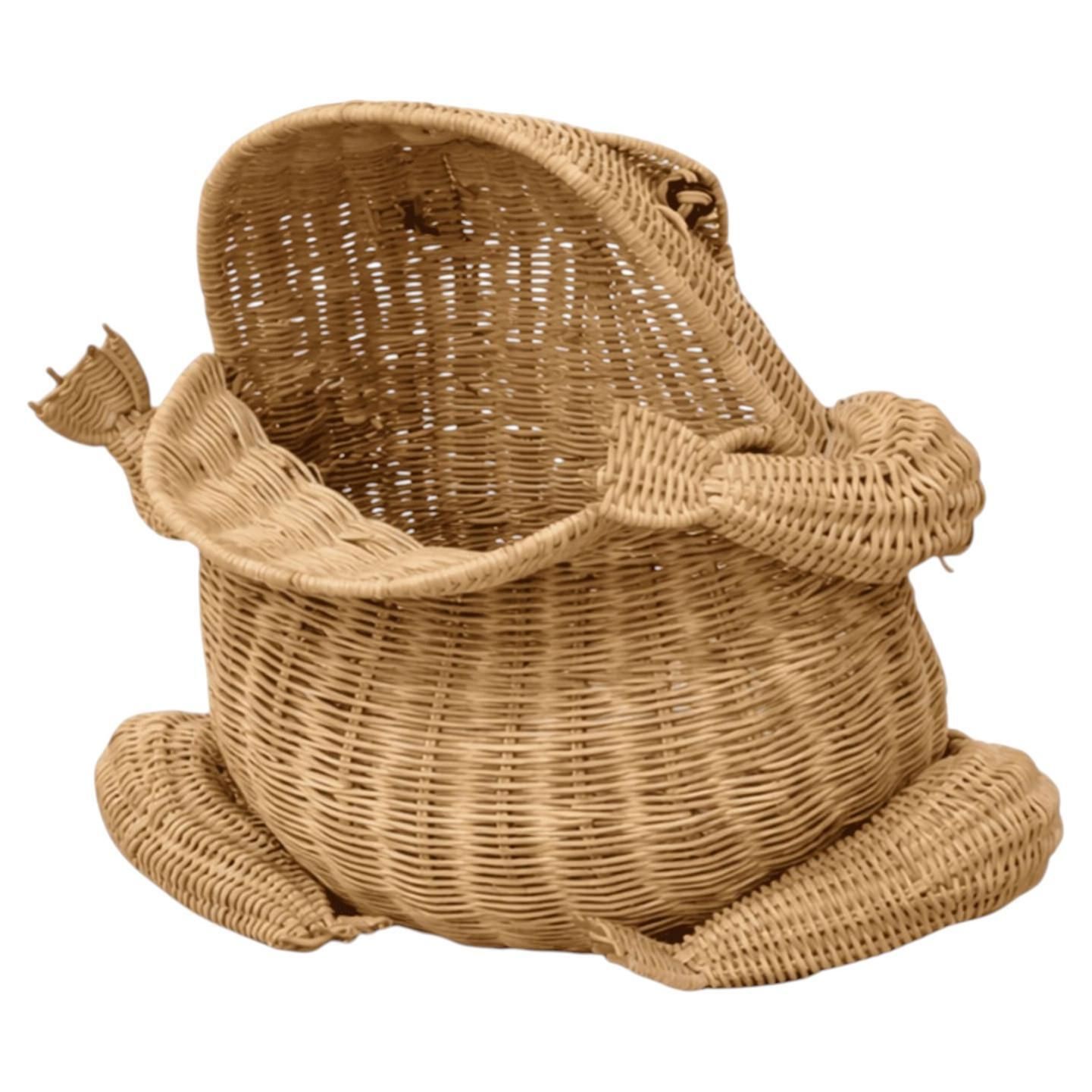Italian Woven Rattan Frog Magazine Racks Basket Attributed To Mario Lopez Torres