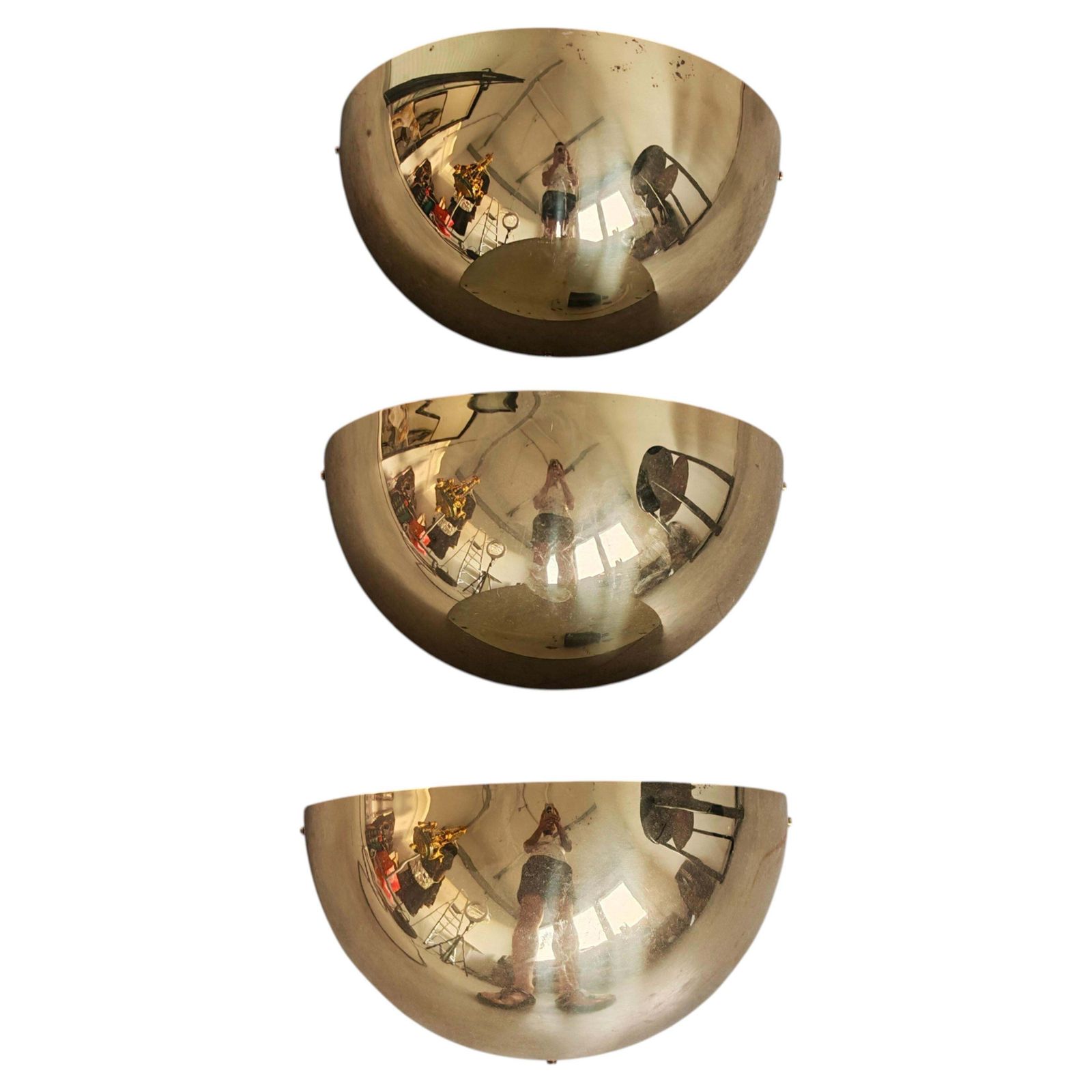 Set Of 3 Mid Century Minimalist Brass Half Dome Wall Sconces, Italy 1970s