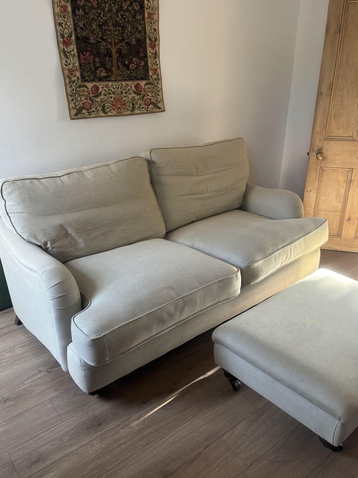 Pair Of Country Living Collection Arundel 2 Piece Sofas In Beige With Matching Footstool photo furniture
