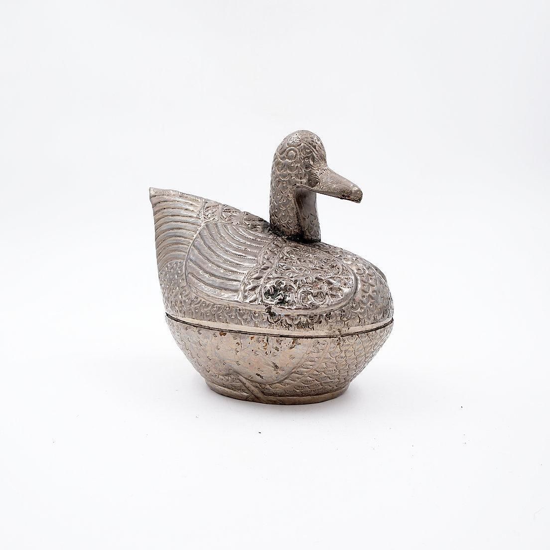 photo furniture Burmese Antique Duck Betel Nut Box, Silver Metal, Vintage, 1950s