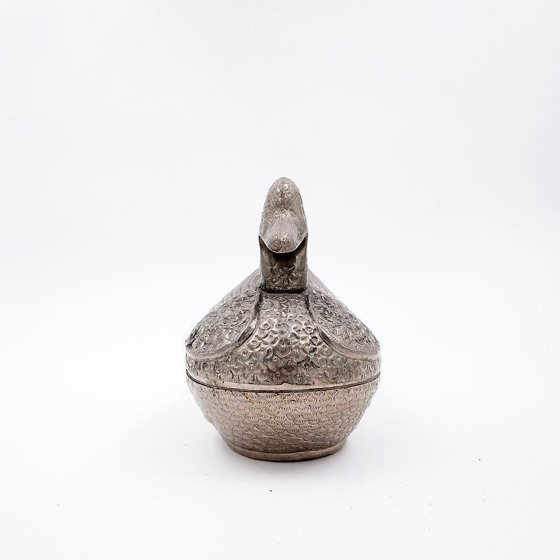 404.0 Burmese Antique Duck Betel Nut Box, Silver Metal, Vintage, 1950s photo