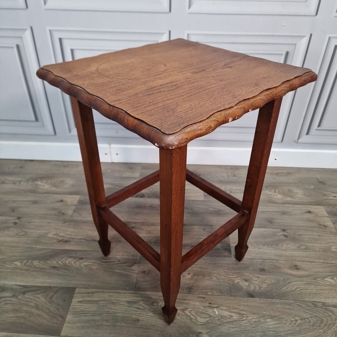 Antique Hall Side Table Solid Oak Occasional Shaped Top Scalloped Edge Wooden photo for sale